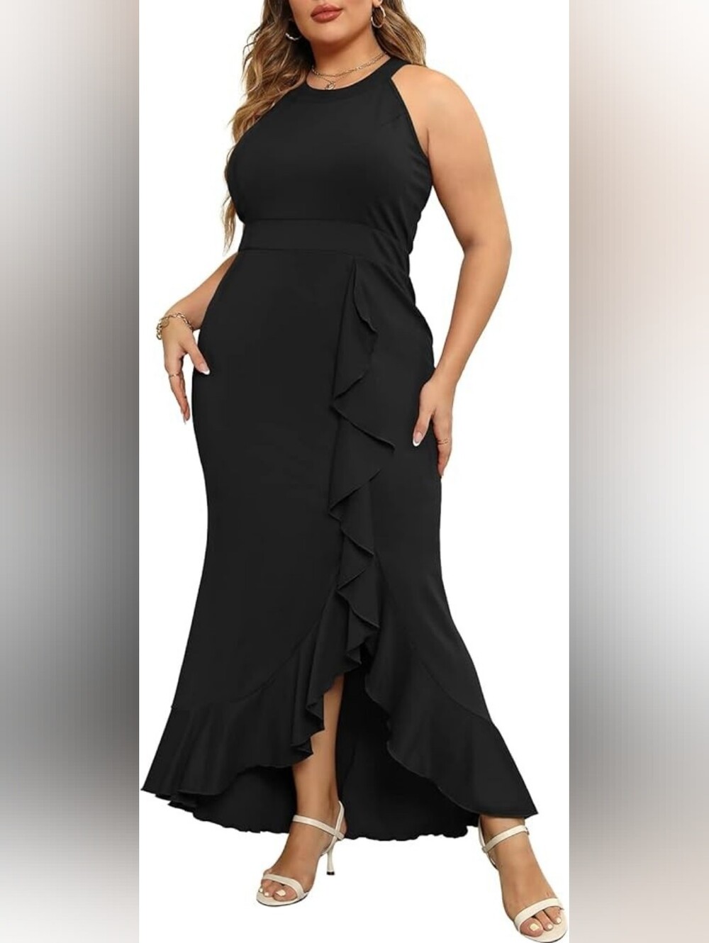 Elegant Black Ruffle-Hem Maxi Dress - Women